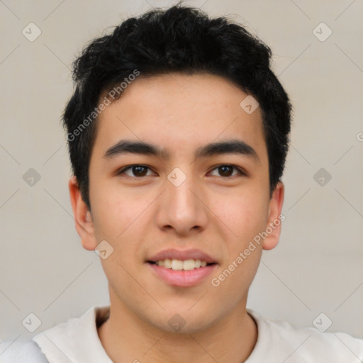 Joyful asian young-adult male with short  black hair and brown eyes