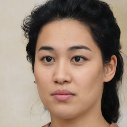 Neutral asian young-adult female with medium  black hair and brown eyes