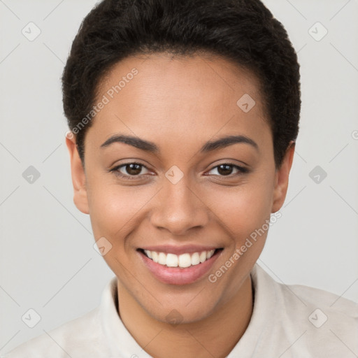 Joyful latino young-adult female with short  brown hair and brown eyes