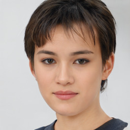 Neutral white young-adult female with short  brown hair and brown eyes