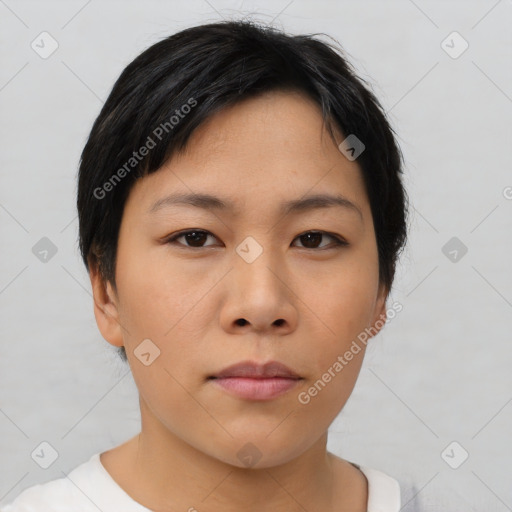 Neutral asian young-adult female with short  black hair and brown eyes