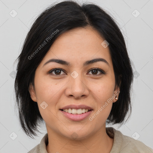 Joyful asian young-adult female with medium  black hair and brown eyes