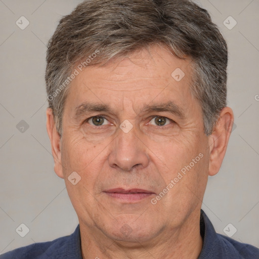 Joyful white middle-aged male with short  brown hair and brown eyes