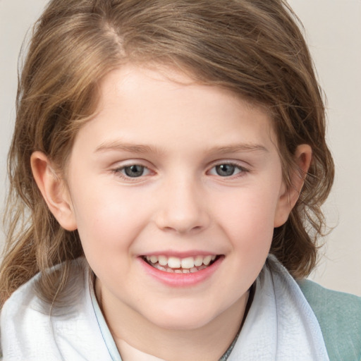 Joyful white child female with medium  brown hair and grey eyes