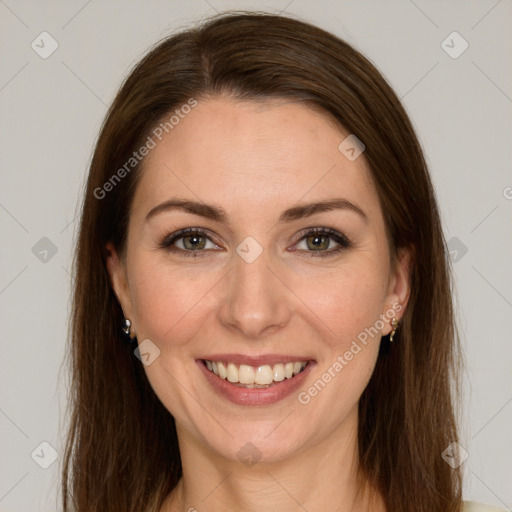 Joyful white young-adult female with long  brown hair and green eyes