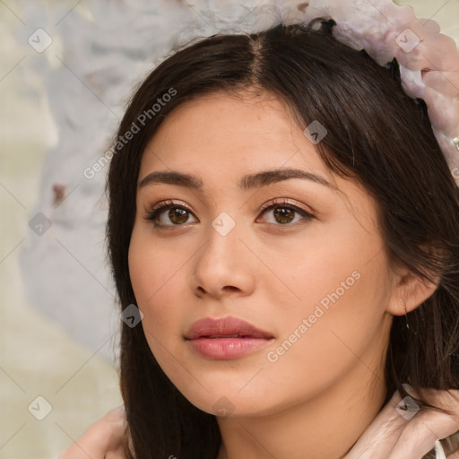 Neutral white young-adult female with medium  brown hair and brown eyes
