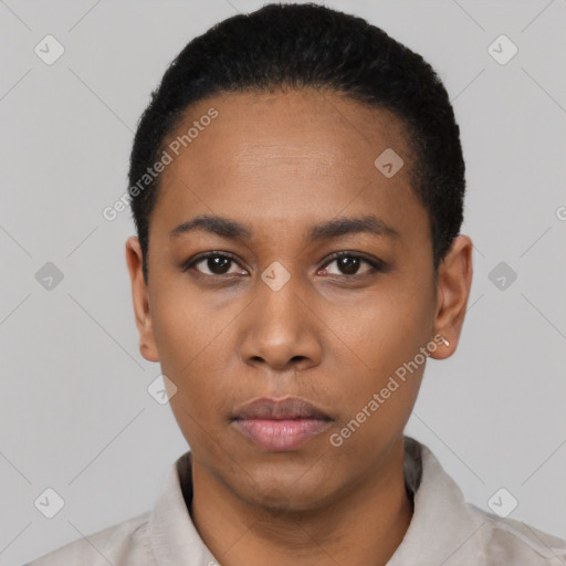 Neutral black young-adult female with short  black hair and brown eyes