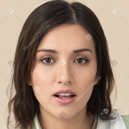 Neutral white young-adult female with medium  brown hair and brown eyes