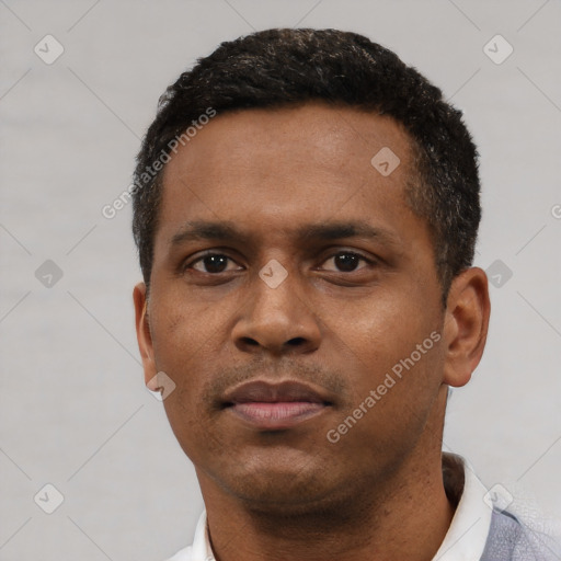 Neutral latino young-adult male with short  black hair and brown eyes