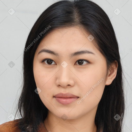 Neutral asian young-adult female with long  brown hair and brown eyes