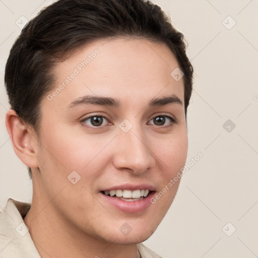 Joyful white young-adult female with short  brown hair and brown eyes