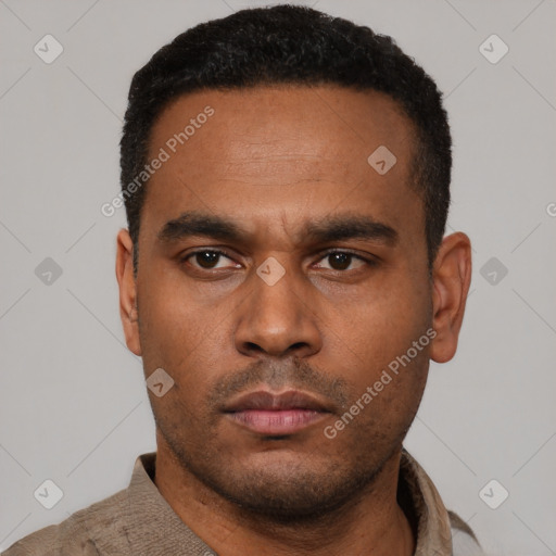 Neutral latino young-adult male with short  black hair and brown eyes