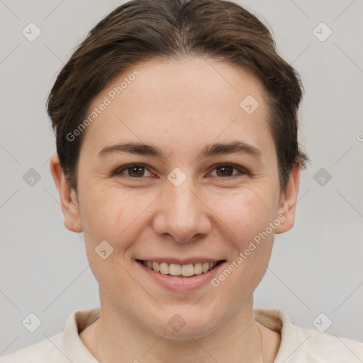 Joyful white young-adult female with short  brown hair and brown eyes