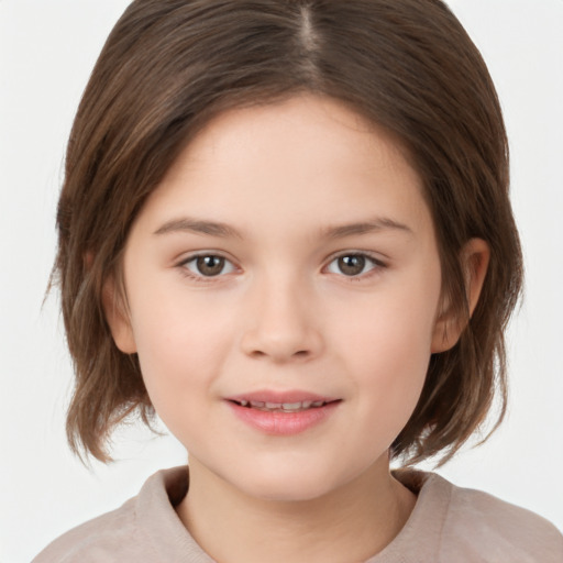 Joyful white child female with medium  brown hair and brown eyes