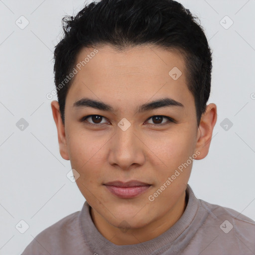 Joyful asian young-adult male with short  brown hair and brown eyes