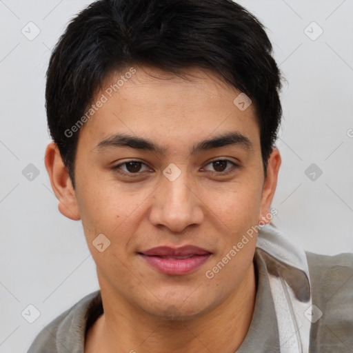 Joyful latino young-adult male with short  brown hair and brown eyes