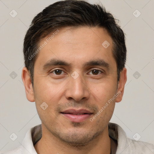 Joyful white young-adult male with short  brown hair and brown eyes