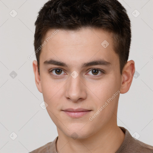 Neutral white young-adult male with short  brown hair and brown eyes