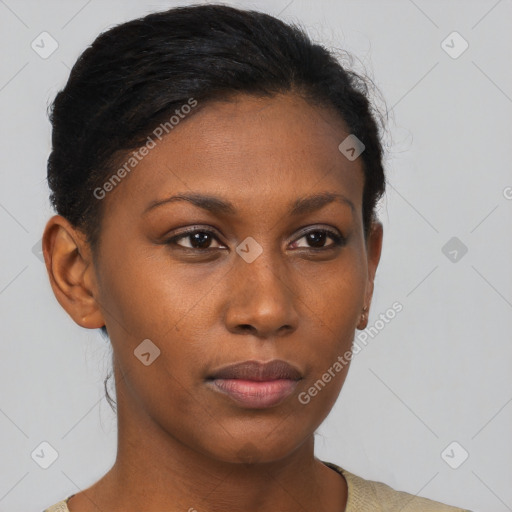 Neutral black young-adult female with short  brown hair and brown eyes