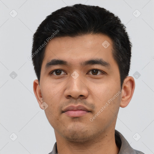 Neutral asian young-adult male with short  black hair and brown eyes