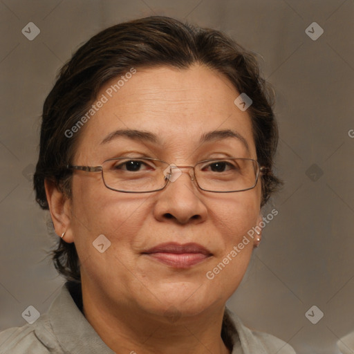 Joyful white adult female with short  brown hair and brown eyes