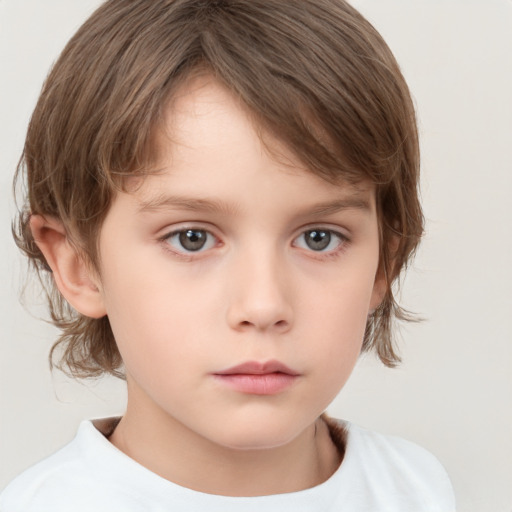 Neutral white child female with medium  brown hair and grey eyes