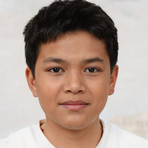 Joyful asian child male with short  brown hair and brown eyes