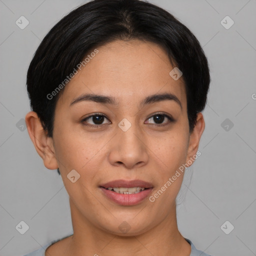 Joyful asian young-adult female with short  brown hair and brown eyes