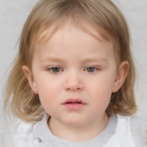 Neutral white child female with medium  brown hair and blue eyes