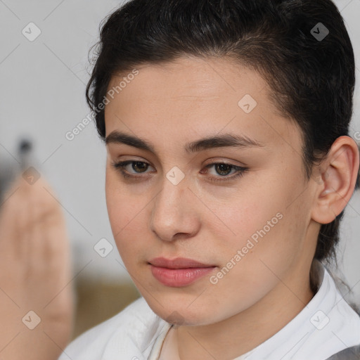 Neutral white young-adult female with medium  brown hair and brown eyes