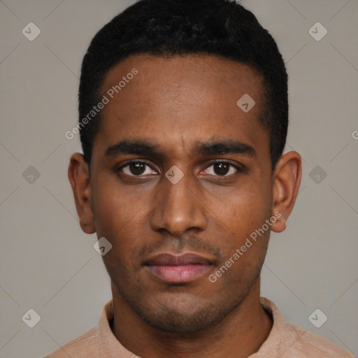 Neutral black young-adult male with short  black hair and brown eyes