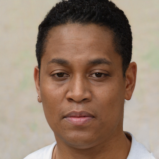Neutral black adult male with short  black hair and brown eyes