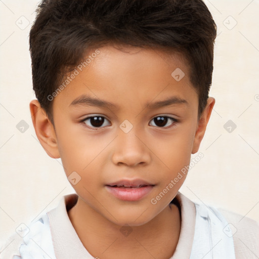 Joyful white child male with short  brown hair and brown eyes