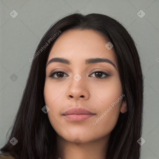 Neutral asian young-adult female with long  black hair and brown eyes