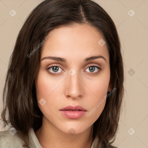 Neutral white young-adult female with medium  brown hair and brown eyes