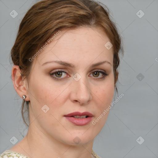 Joyful white young-adult female with medium  brown hair and blue eyes