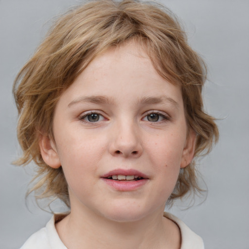 Joyful white child female with medium  brown hair and blue eyes