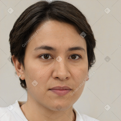 Joyful white young-adult female with medium  brown hair and brown eyes