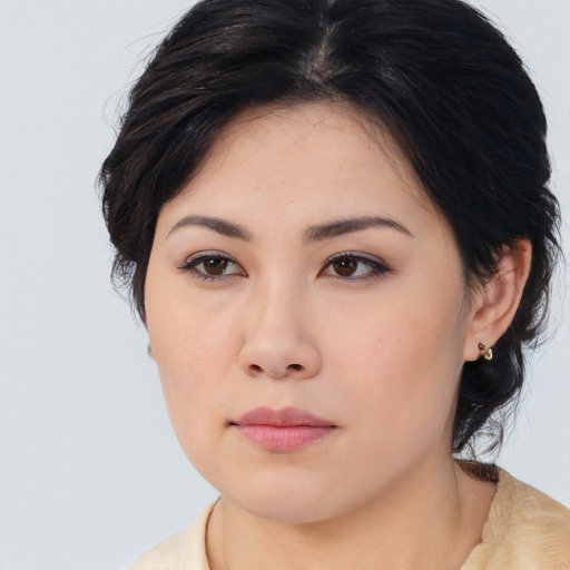 Neutral asian young-adult female with medium  brown hair and brown eyes
