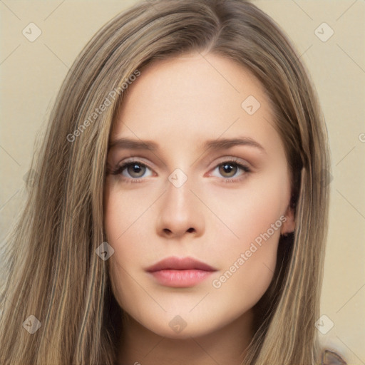 Neutral white young-adult female with long  brown hair and brown eyes