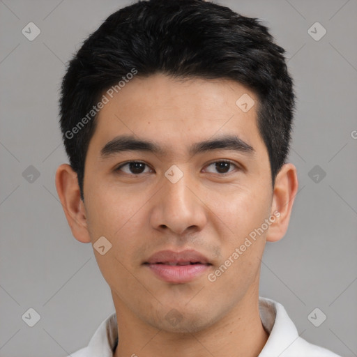 Neutral asian young-adult male with short  black hair and brown eyes