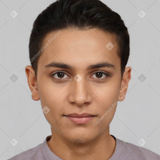 Neutral latino young-adult male with short  brown hair and brown eyes