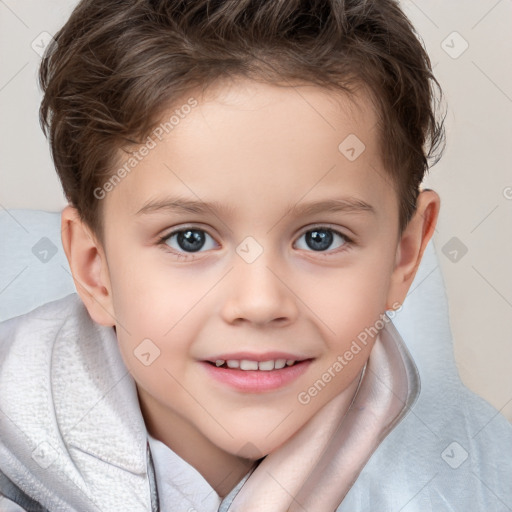 Joyful white child female with short  brown hair and brown eyes