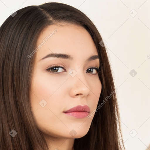 Neutral white young-adult female with long  brown hair and brown eyes