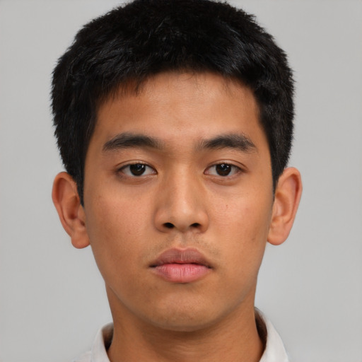 Neutral asian young-adult male with short  black hair and brown eyes