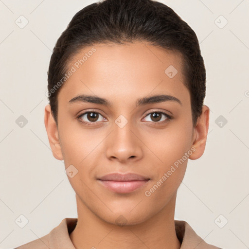 Joyful latino young-adult female with short  brown hair and brown eyes