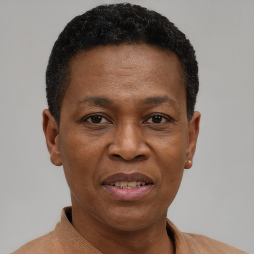 Joyful black adult male with short  black hair and brown eyes