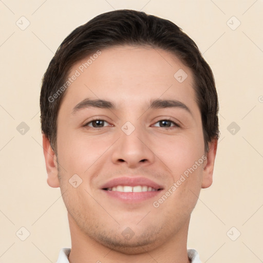 Joyful white young-adult male with short  brown hair and brown eyes