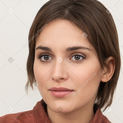 Neutral white young-adult female with medium  brown hair and brown eyes