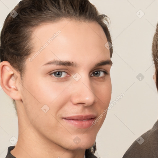 Neutral white young-adult female with short  brown hair and brown eyes